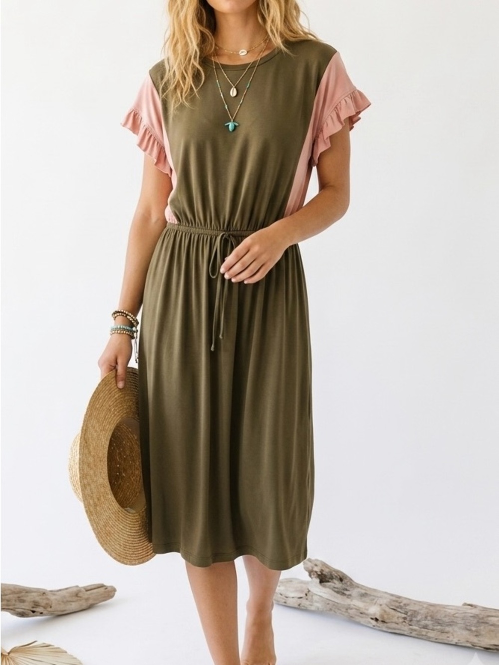 Anthropologie COA Taryn Colorblock Mini Dress S Green Pink Ruffle Casual Lounge